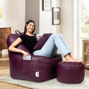 Amazon Brand - Solimo Lounger Premium Faux Leather Bean Bag Combo with Footrest & Cushion | Multifunctional Pocket | Capacity: Upto 6' 3" Height, 120 KG Weight | 4XL | Maroon